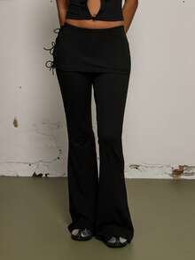 COUREZ 侧边系带喇叭裤 / Y2K 春季女装可爱性感黑色长裤外出派对狂欢夏季长裤 - 棕色 - 查看 5