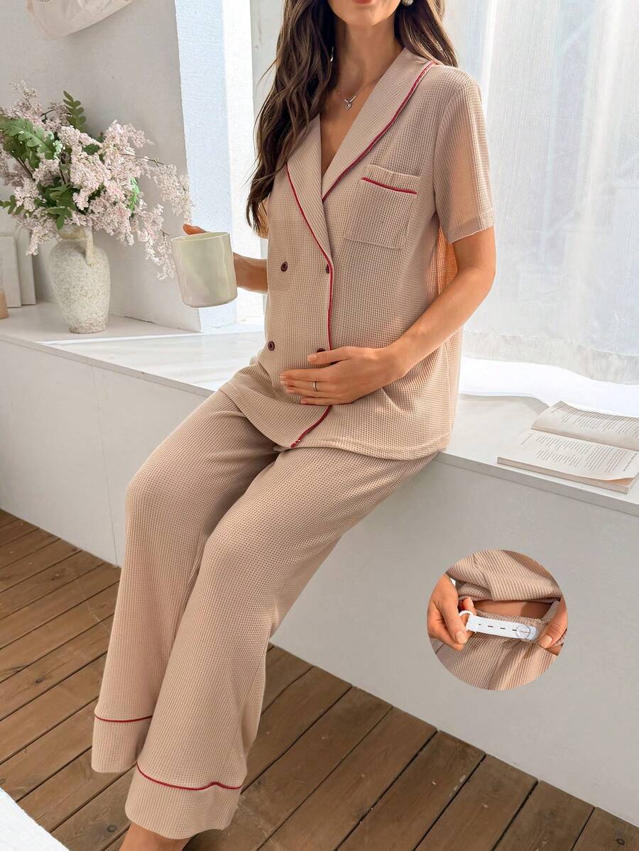 Moonlight&Mama Bộ đồ ngủ bà bầu 2 món, cổ ve áo phối màu tương phản, cài khuy đôi, tay ngắn, dáng rộng. - Màu Khaki - Xem 1