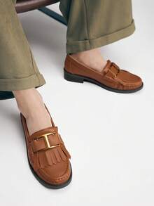 Mnmlis Women's Retro British Style Commuter Vintage Gold Buckle Brown Round Toe Flat Thick Heel Slip-On Loafers Casual Shoes Valentine's Day - Brown - View 3