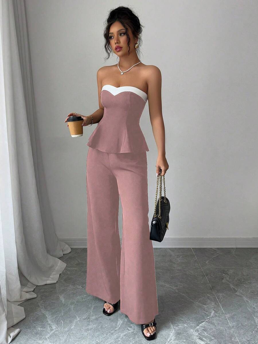 Elenzga 女士优雅两件套：荷叶边抹胸上衣和阔腿裤 - 藕粉色 - 查看 1