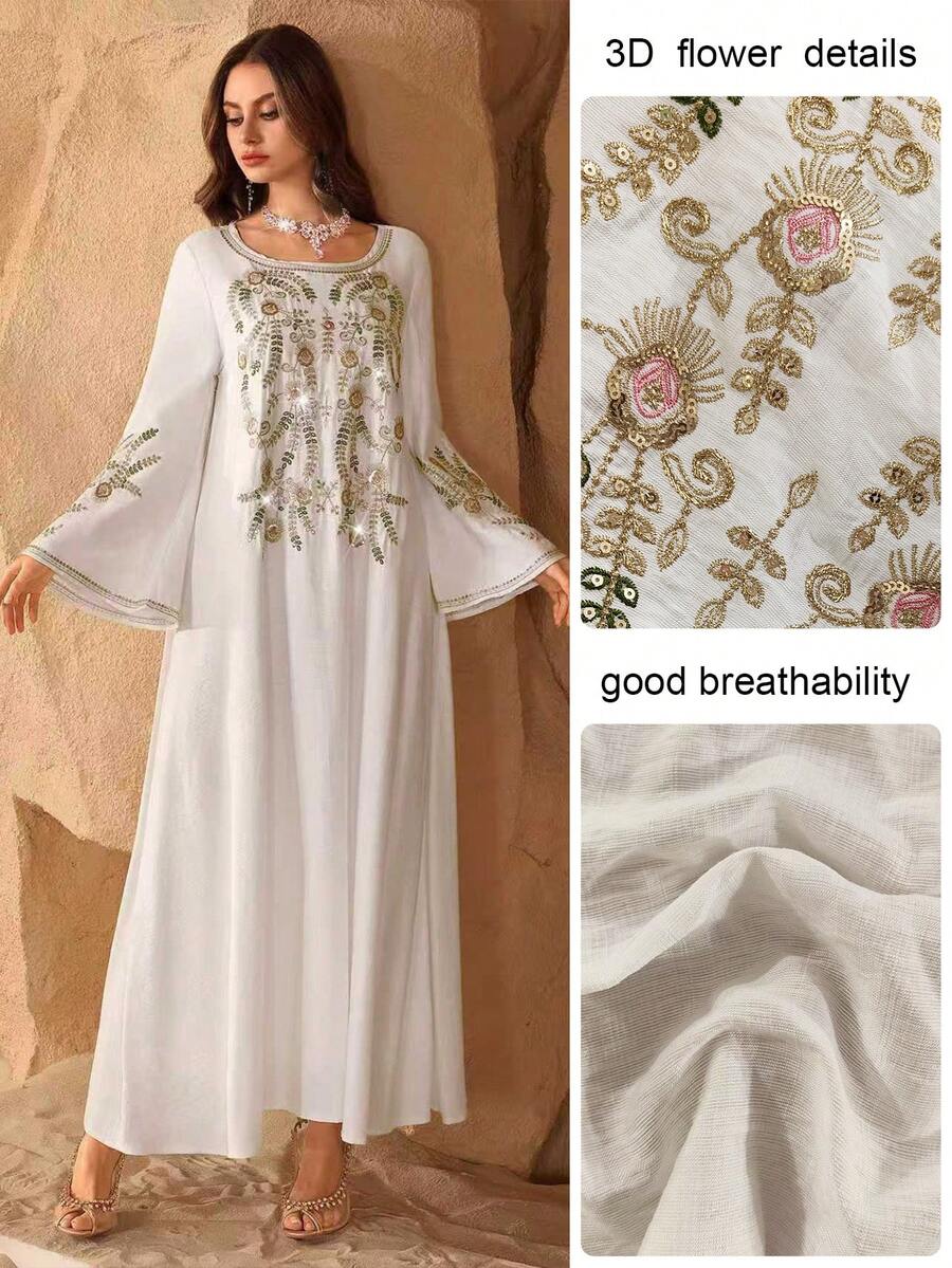 Al Najma Đầm trắng thanh lịch kiểu Ả Rập với họa tiết thêu lá và hạt cườm.