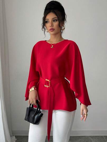Elenzga Women's French Style Round Neck Batwing Sleeve Waist Tie Shiny Red Blouse, Spring/Summer Fall Cloth For Women
