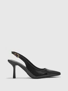 CUCCOO BIZCHIC Women's Pointed Toe Black Patent Leather Metal Buckle Open Toe Fashion Pumps, Elegant For Office And Commute Spring Shoes - Black - View 2