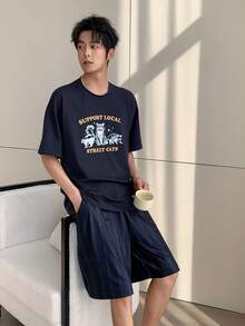 DAZY Men's Letter Print Multicolor T-Shirt And Shorts Pajama Set, Summer - Multicolor - View 6