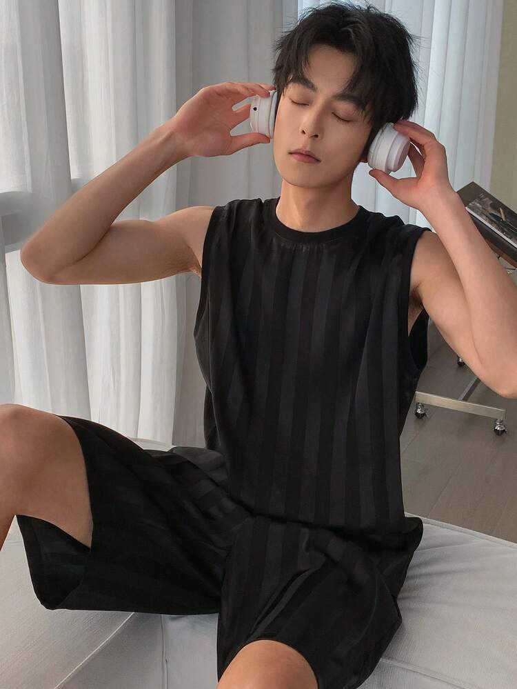 Summer Sleeveless Top And Shorts Casual Pajama Set For Men, Twill Fabric