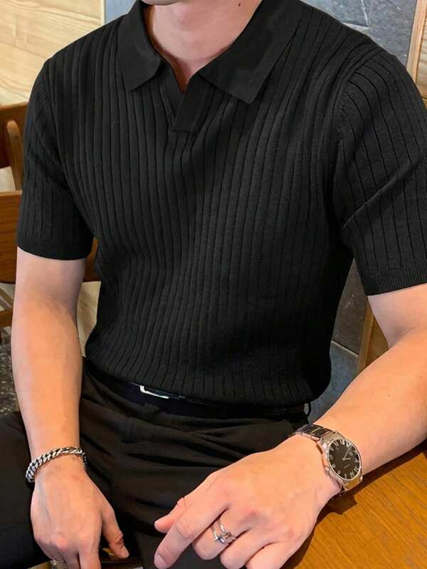 DAZY Áo len cổ polo tay ngắn màu đen dành cho nam, thích hợp cho mùa xuân/hè.