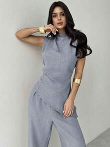 Firerie 卡其色简约优雅休闲通勤办公套装：无袖不对称褶皱腰身女士衬衫 + 常规褶皱阔腿女士长裤，亚麻通勤套装，女士沙滩装，机场装，度假装，教师装 - 淺灰色 - 查看 5