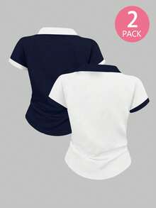 مجموعة قميص بولو للمراهقات 2 قطعة، أزرق داكن، أزرق، أزرق وأبيض، بتصميم ضيق، مناسب للخروجات، كلاسيكي، شعار كلاسيكي، مناسب للبنات، بولو، موضة، ربيع/صيف، ربيع/خريف، جميع المواسم، مريح - متعدد الألوان - مشاهدة 2