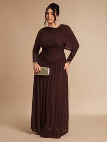 SHEIN BAE Đầm dài tay dệt kim lưới bất đối xứng màu nâu cà phê dành cho nữ cỡ lớn - Cà phê nâu - Xem 7
