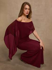 SHEIN BAE Brown Elegant Off-Shoulder Straight Fitted Dress, Suitable For Birthday, Party, Gathering Events, Autumn/Winter Layering Dress, Halloween, Christmas, Elegant Dress - Burgundy - View 6