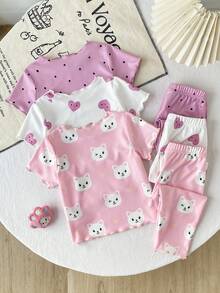 6pcs Baby Girls Cute Kitty, Heart & Polka Dot Print Ruffled Short Sleeve Top And Pants Pajama Set - Multicolor - View 2