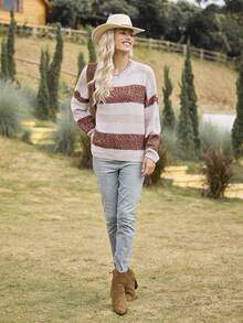 LanaWest Suéter holgado de punto con cuello redondo y cuentas de color contrastante para mujer, informal, para otoño e invierno - Multicolor - Ver 3