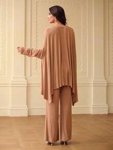 ZEYLAH Women's Batwing Asymmetric Hem Poncho And Wide Leg Pants Loose Comfortable 2 Pieces Set - Yellow - View 7