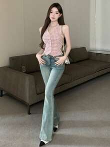 DAZY 情人节粉色格子 V 领露背派对和返校季女士背心 - 粉色 - 查看 2