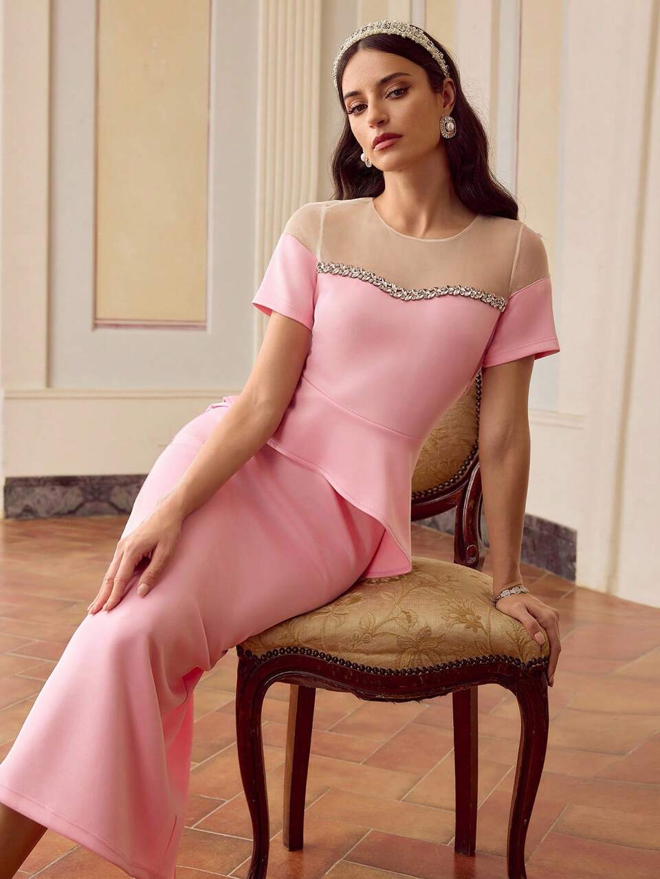 ZEYLAH Women's Elegant Knee-Length Peplum Waist Dress With Diamond Decor Mesh Splicing, Suitable For Summer