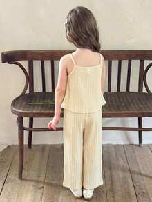 LMoss Kids 两件套少女纯色梭织吊带背心和宽松休闲裤套装 - 米色 - 查看 2