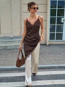 SuriyaCove Women's Spring/Summer New French Romantic Lace Patchwork Ruffle Asymmetric Strap Short Dress - Brown - View 4
