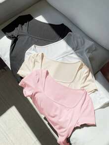 Comfortcana 4pcs/Set Plus Size Summer Square Neck Fitted T-Shirts Summer Tops Women Square Neck Tops Simple Tops - Multicolor - View 5