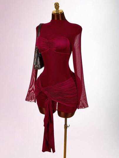 Amplova Women's Lace Blouse With Vintage Red Sheer Drawstring Hem Mini Bodycon Dress, Boho Style For Party