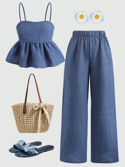 SHEIN Tween Girl Matching Casual Ruffle Trim Top And Pants Set