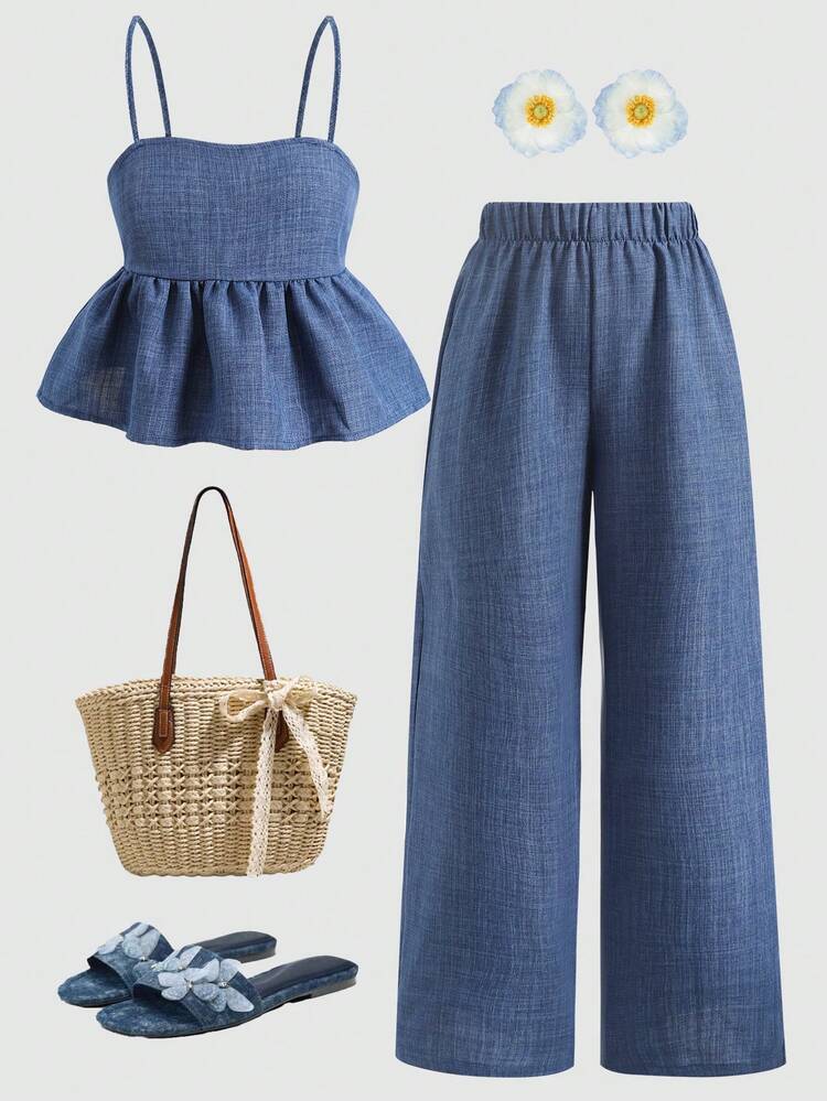 SHEIN Tween Girl Matching Casual Ruffle Trim Top And Pants Set - Blue - View 1