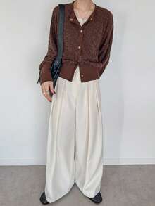 FRIFUL Women's Solid Color Textured Loose Casual Versatile Blouse, Suitable For Spring And Summer Long Sleeve - Coffee Brown - View 5