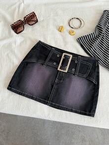 Elamini Women's Casual Belted Mini Denim Skirt, Summer - Purple - View 1