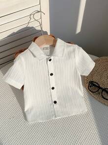 SHEIN 男女宝宝白色短袖翻领梭织休闲度假上衣，春夏男宝宝服装 - 白色 - 查看 5