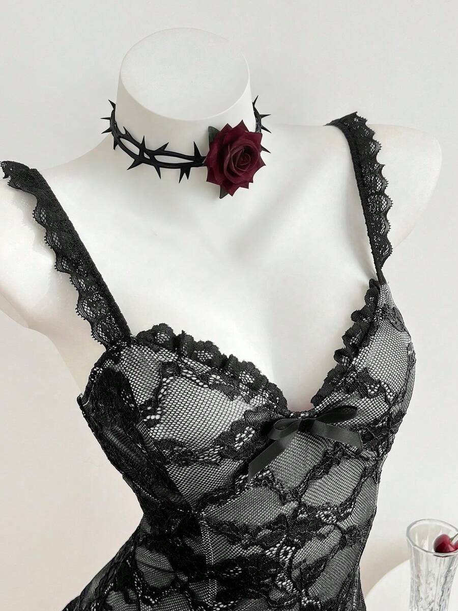 Elamini Áo hai dây ren thắt nơ thanh lịch dành cho nữ - Đen và trắng - Xem 1