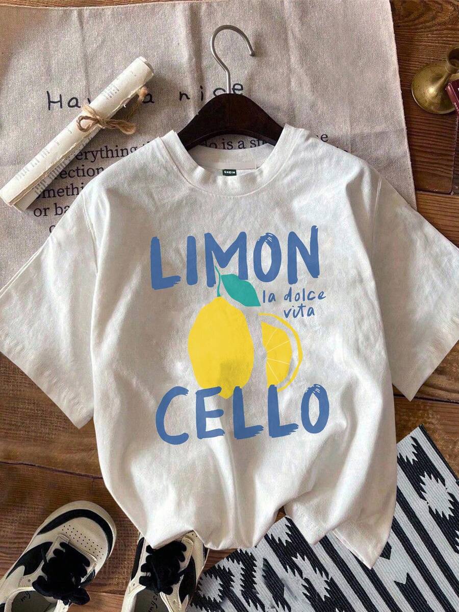 Attitoon 休闲简约风格度假风柠檬字母印花圆领短袖修身女式T恤，适合夏季穿着 - 白色 - 查看 1