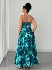 SHEIN Elenzya 大码女式扎染印花针织吊带连衣裙，扭腰设计，开衩下摆，优雅百搭，适合外出和通勤。 - 綠色 - 查看 2