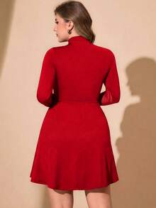 Hourglow 大码女式纯色网纱拼接长袖性感时尚连衣裙 - 紅色 - 查看 2