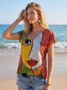 Sylviya Casual Full Print Portrait Pattern Women V-Neck Shirt, Suitable For Summer,Short Sleeve Tops Suitable For Going Out Chic Blouses For Women,Vacation - Multicolor - View 4