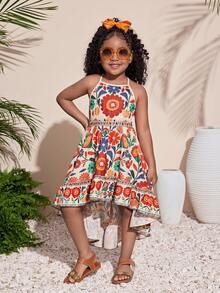 Young Girls Tropical Plant Print Backless Dress, Suitable For Vacation, Beach, Hawaii, Casual Daily Wear - Orange - View 4