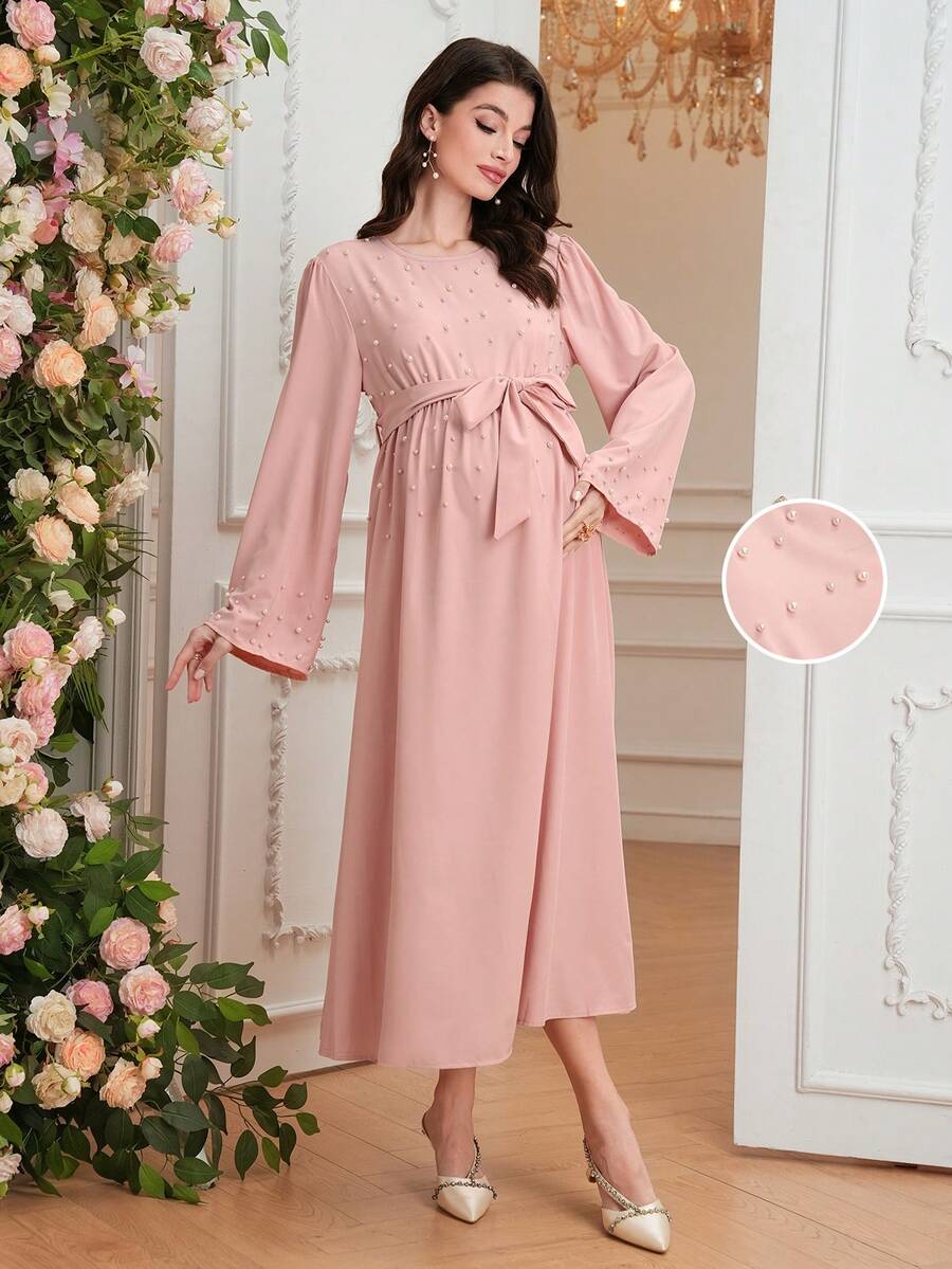 SHEIN 纯色长款休闲宽松串珠孕妇连衣裙 - 粉色 - 查看 1