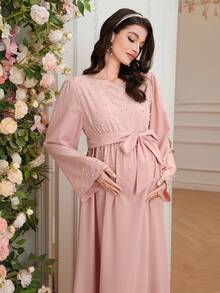 SHEIN 纯色长款休闲宽松串珠孕妇连衣裙 - 粉色 - 查看 6