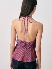 Nöista Halter Top With Bold Diagonal Stripes And Polka Dot Accents, With A Flattering Peplum Hem And Adjustable Neck Tie. Spring, Summer, Casual, Dressy Occasions. - Rust Brown - View 2