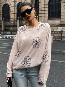 DAZY Camiseta de mujer de corte holgado con cuello redondo y estampado floral - Beis - Ver 2