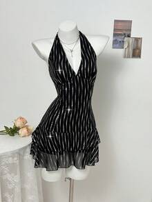 Elamini Women's Rhinestone Embellished Ruffle Hem Halter Neck Dress Black And Silver Dress Black And White Dress Women Black See Through Dress Halter Dress Women's Party Dress - Black - View 4