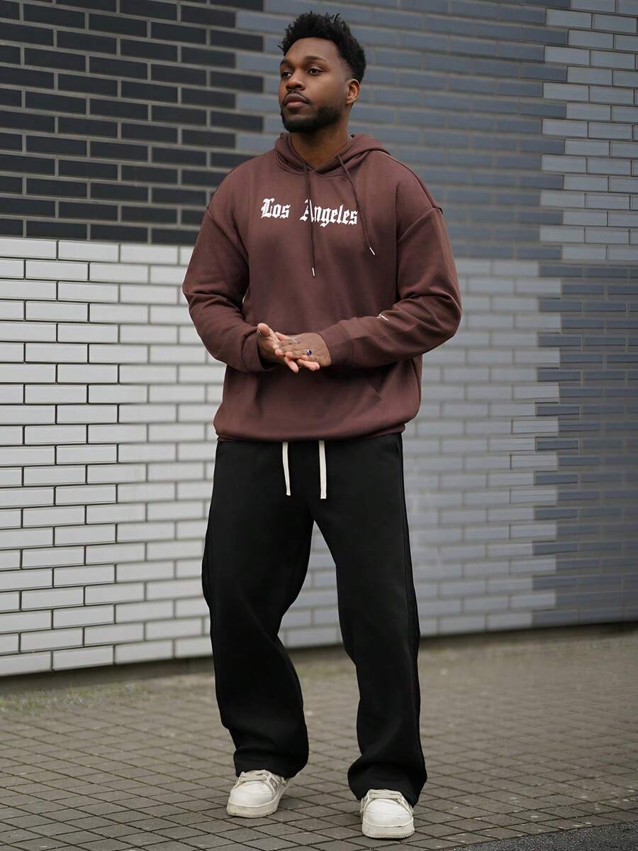 Heavens Edit Men's Los Angeles Letter Pouch Pocket Hoodie Sweatshirt, New Autumn/Winter, Long Sleeve Top - Brown - View 1