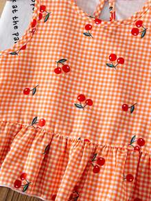 Sparklyn Conjunto informal de camiseta de tirantes con volantes y shorts con estampado de cerezas a cuadros para niña - Naranja - Ver 6