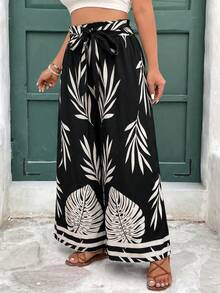 SHEIN Frenchy 大码休闲度假植物印花系带阔腿裤 - 黑色 - 查看 5