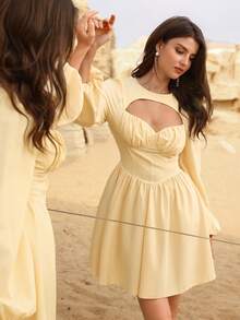 Modelyn Women's Yellow Woven Long Sleeve Waist Cinched A-Line Elegant Dress, Spring/Summer - Yellow - View 7