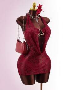 Zestiva 3件套夏季沙滩度假蕾丝上衣+蕾丝三角裤+蕾丝罩衫 - 酒紅色 - 查看 4