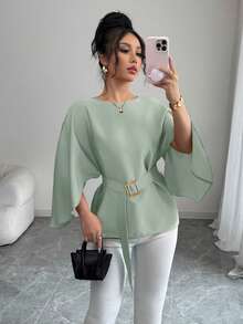 Selianne Blusa roja brillante con cuello redondo francés, mangas de murciélago y cintura con lazo para mujer, para primavera/verano - verde menta - Ver 5