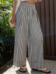 DAZY 撞色条纹宽松阔腿裤，松紧腰七分休闲裤，女士春秋季款 - 白色 - 查看 6