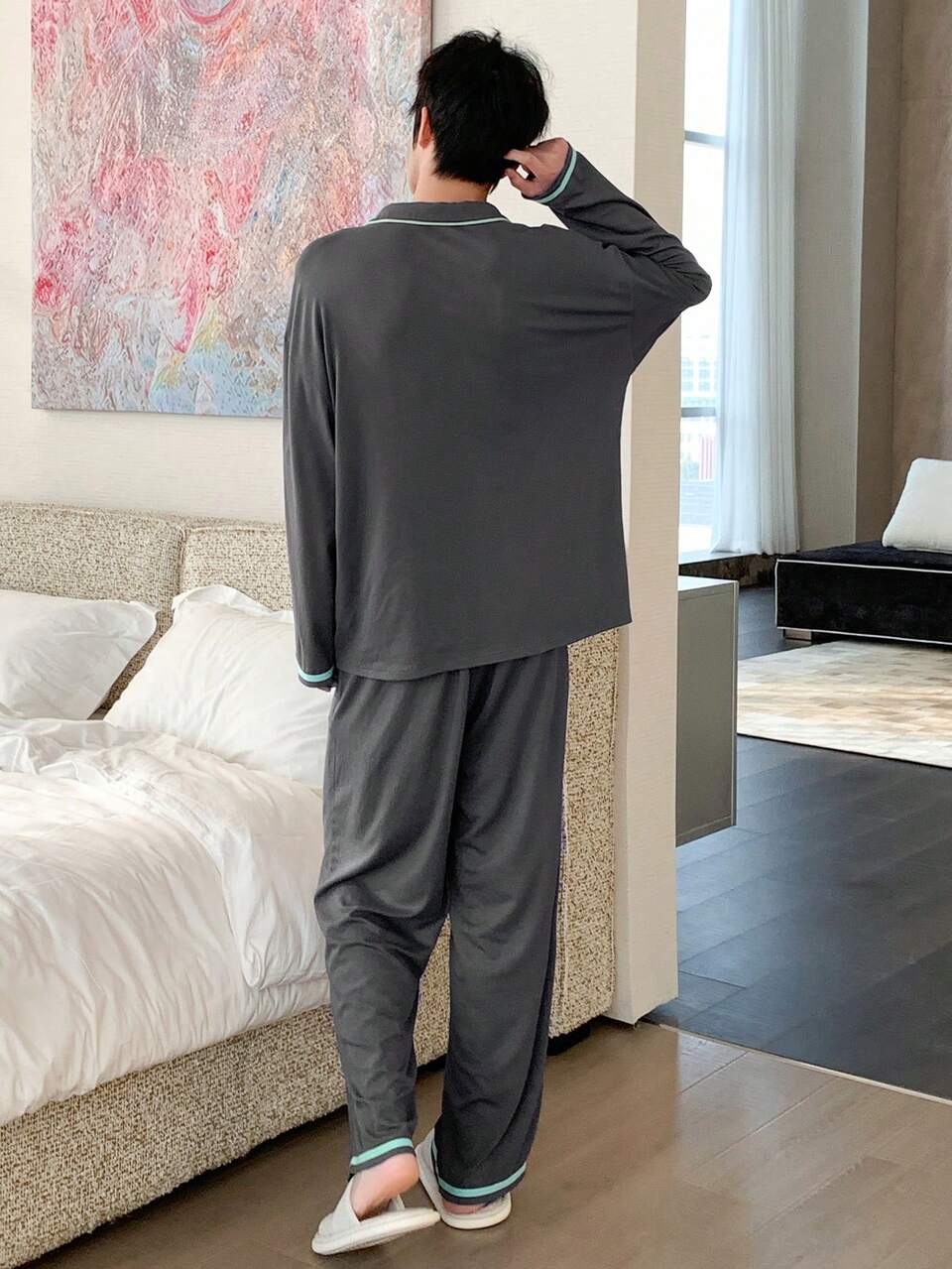 Spring Decorative Line Print Long Sleeve Pajama Set With Pants, Grey For Men