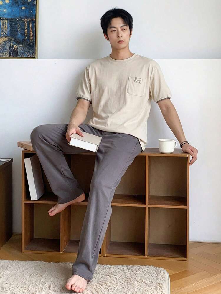 Men's Summer Printed Short Sleeve Top And Long Pants Pajama Set