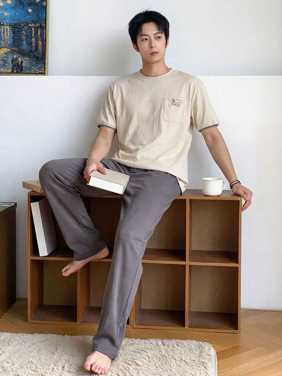 DAZY Men's Summer Printed Short Sleeve Top And Long Pants Pajama Set - Multicolor - View 1