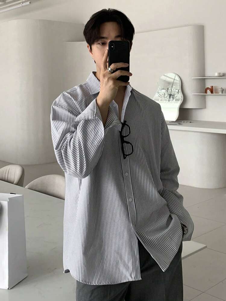 Men's Casual Everyday Front Button Striped Long Sleeve Shirt, Spring Summer